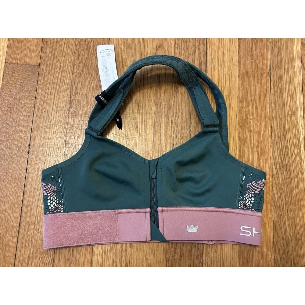 NWT SHEFIT Flex Sports Bra Green Pink Floral Print Size XS XSmall Zip Up Front